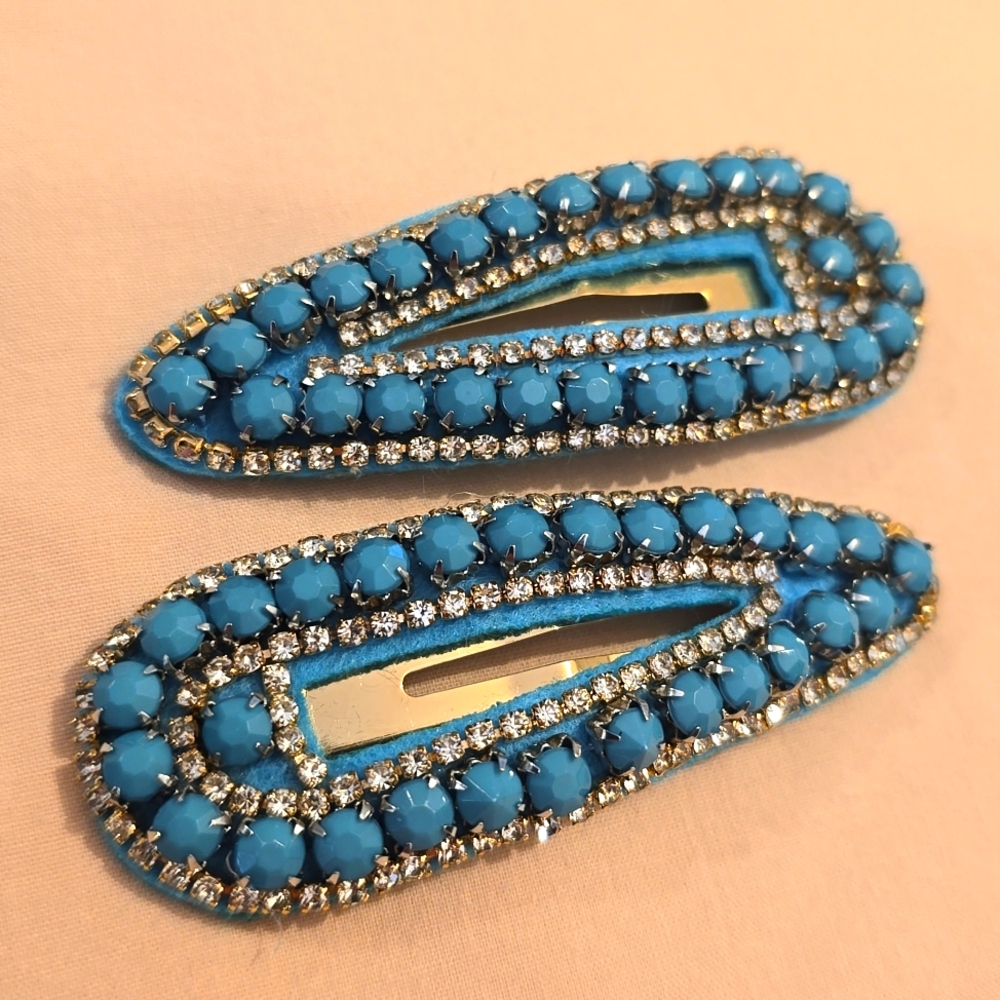 Anthropologie Faux Turquoise and Rhinestone Hair Barrettes - NEW
